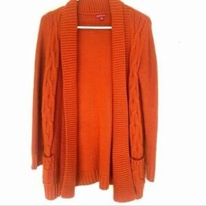Orange Chunky Knit Open Front Cardigan Sweater Long Sleeve Textured Knit Medium